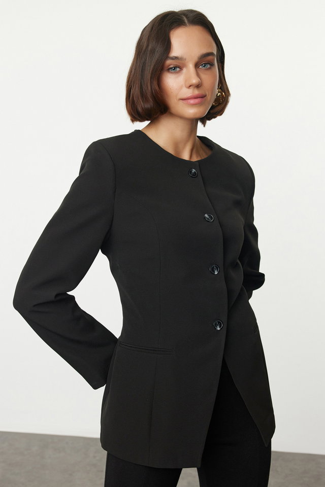 Black - Black Round / Crew Neck Fitted Waist Woven Blazer Jacket TWOAW25BC00009