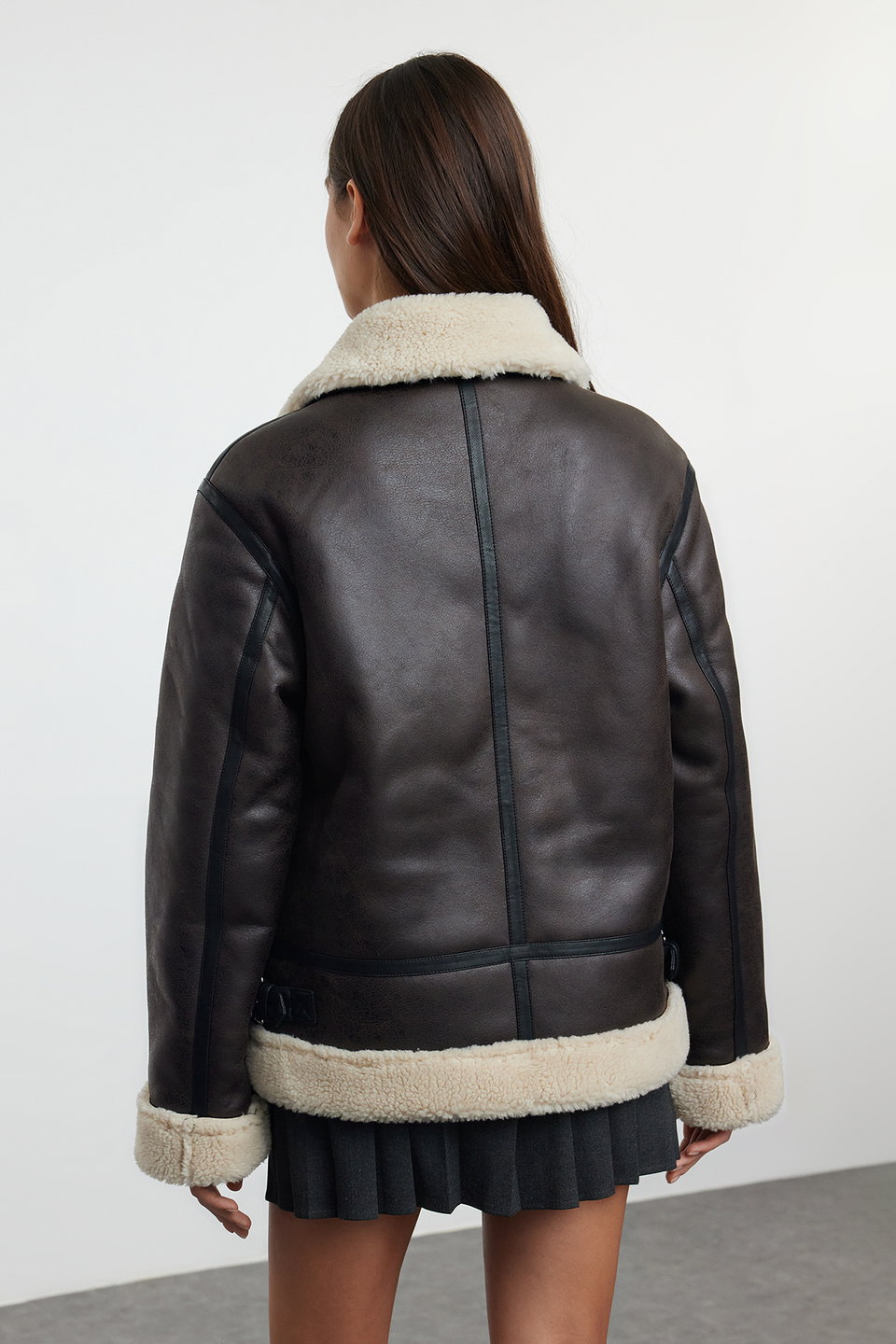 Regular Fit Belt Detailed Plush Faux Leather Biker Jacket Coat TWOAW25MO00000