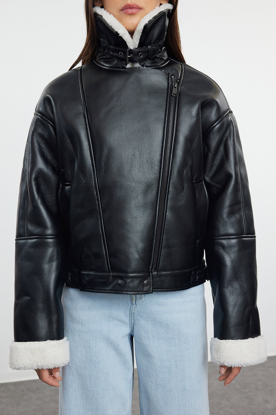 Oversize Plush Detailed Faux Leather Biker Jacket Coat TWOAW25MO00001