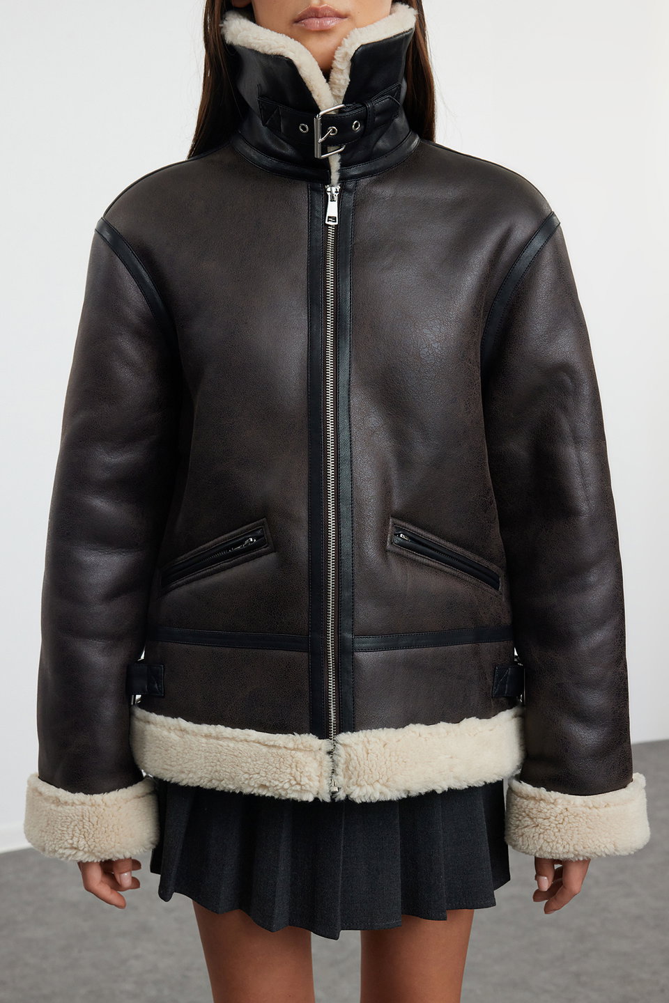 Regular Fit Belt Detailed Plush Faux Leather Biker Jacket Coat TWOAW25MO00000