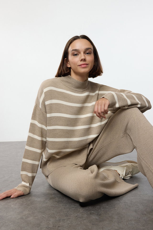 Beige - Ecru Striped Knitwear Trousers Bottom-Top Set TWOAW24AU00045