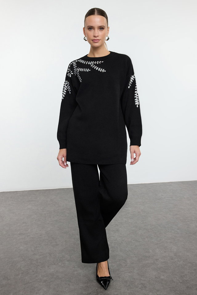 Black - Black Sequin Embroidered Knitwear Bottom-Top Set TCTAW25US00090