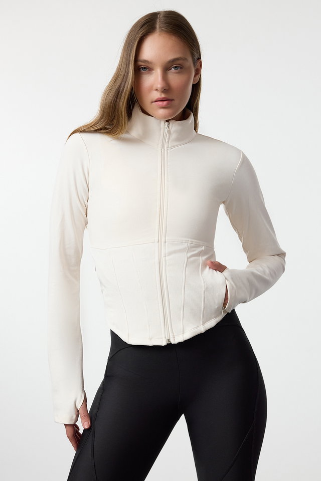 ecru - Ecru Brushed Soft Fabric Thumb Hole Knitted Sports Jacket/Sweatshirt THMAW25SK00001
