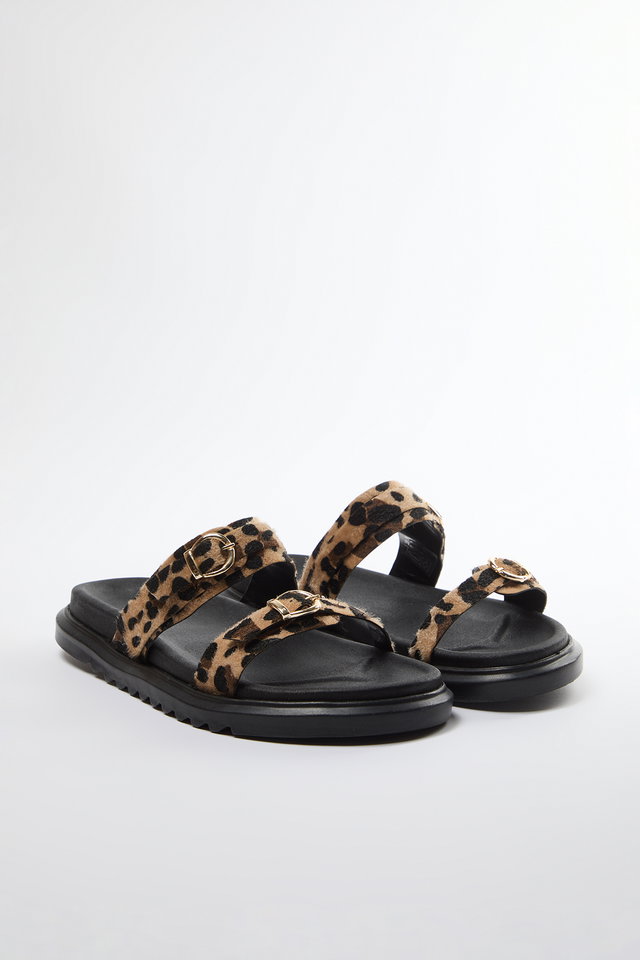 Very colorful - Leopard Double Buckled Brown Thick Sole Women's Slippers TAKAW25TE00009