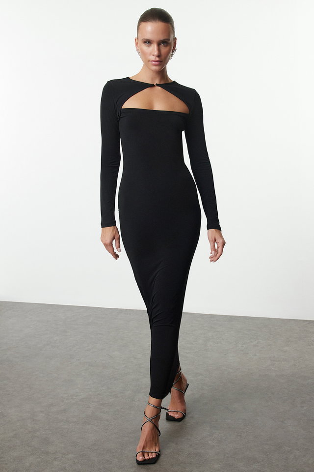 Black - Black Cut Out/Window Detailed Knitted Elegant Evening Prom Dress TPRAW25EL00022