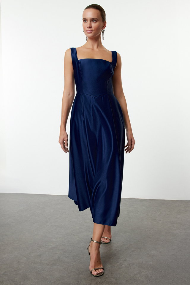 Navy blue - Brown A-Line Satin Woven Elegant Evening Prom Dress TPRAW25EL00040