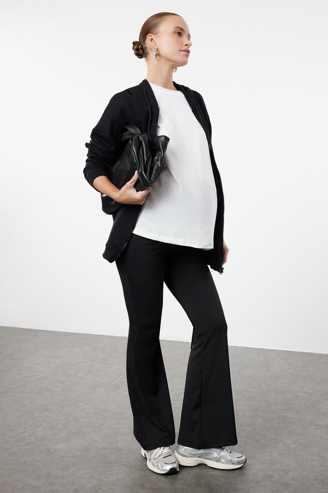 Black - Black High Waist Adjustable Tummy Panel Maternity & Plus Size Leggings TBBAW25BV00001