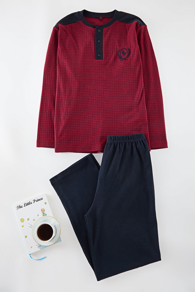 Bordeaux - Men's Claret Red Striped Knitted Men's Pajama Set TEDAW25PT00006