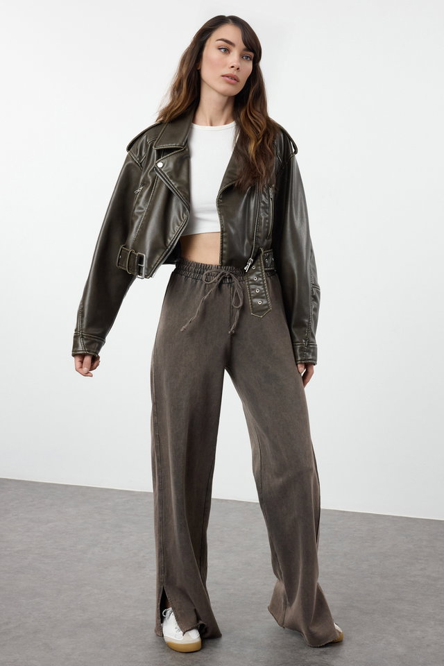 Dark brown - Anthracite Faded Effect Wide Leg/Wide Leg Normal Waist Thin Knitted Sweatpants Trousers TWOAW22EA0426