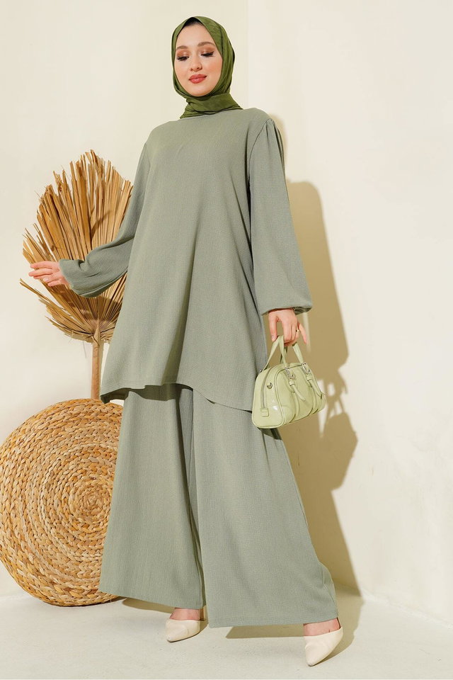 unripe almond - 6663 Women's Tunic Pants Bottom Top Set 6663 - Stone