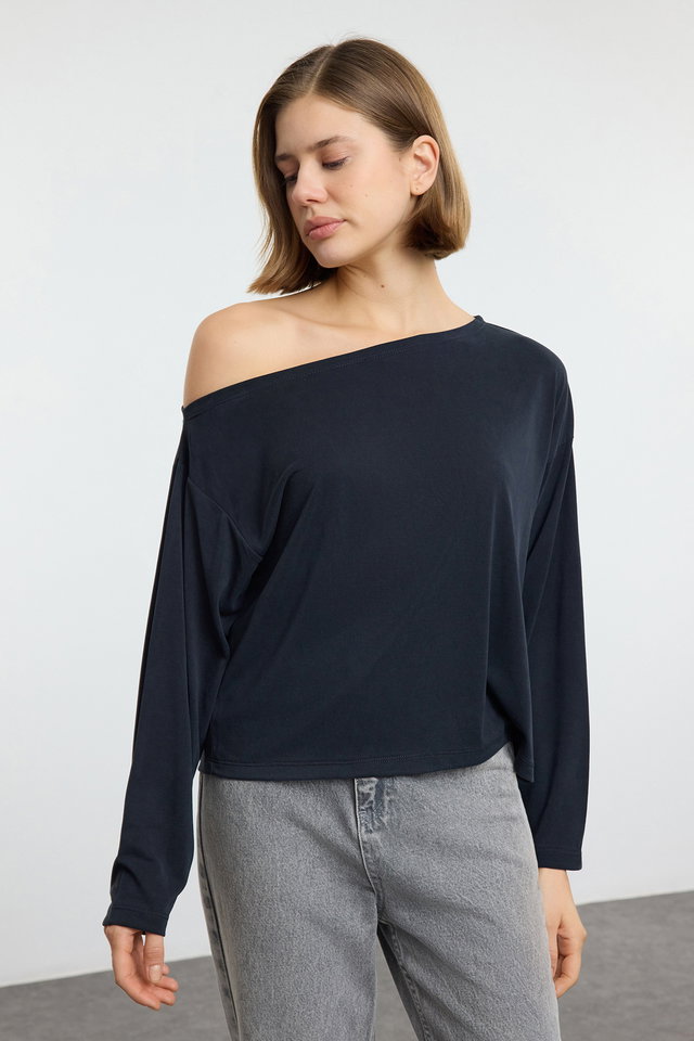 Anthracite - More Sustainable Indigo Modal Boat Neck Relaxed/Casual Cut Knitted Blouse Twoaw25Bz00282