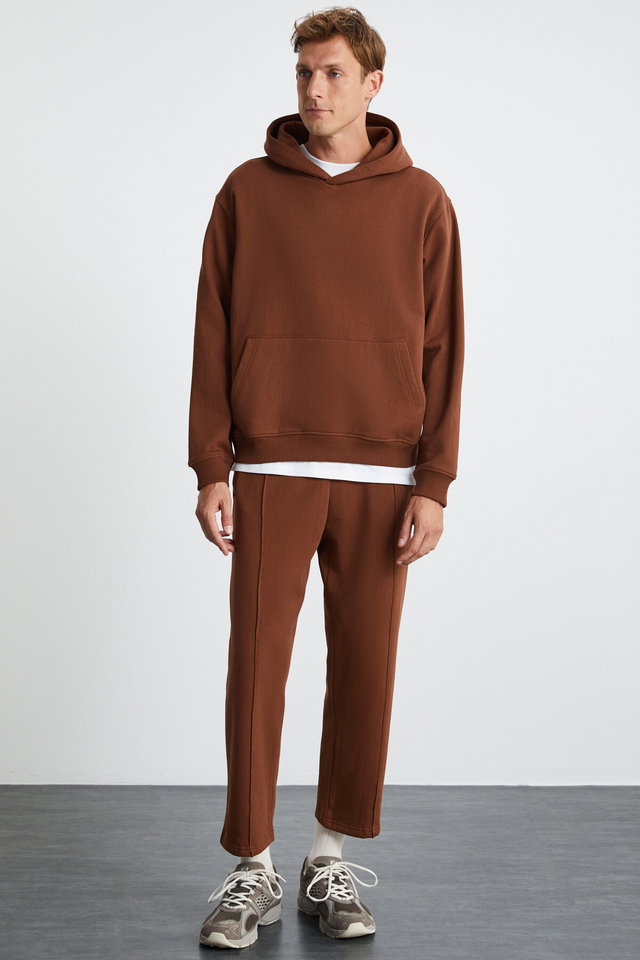 Brown - WALFRED Men's 100% Organic Cotton 3 Thread Non-raised Front Ribbed Ecru Sweatpants