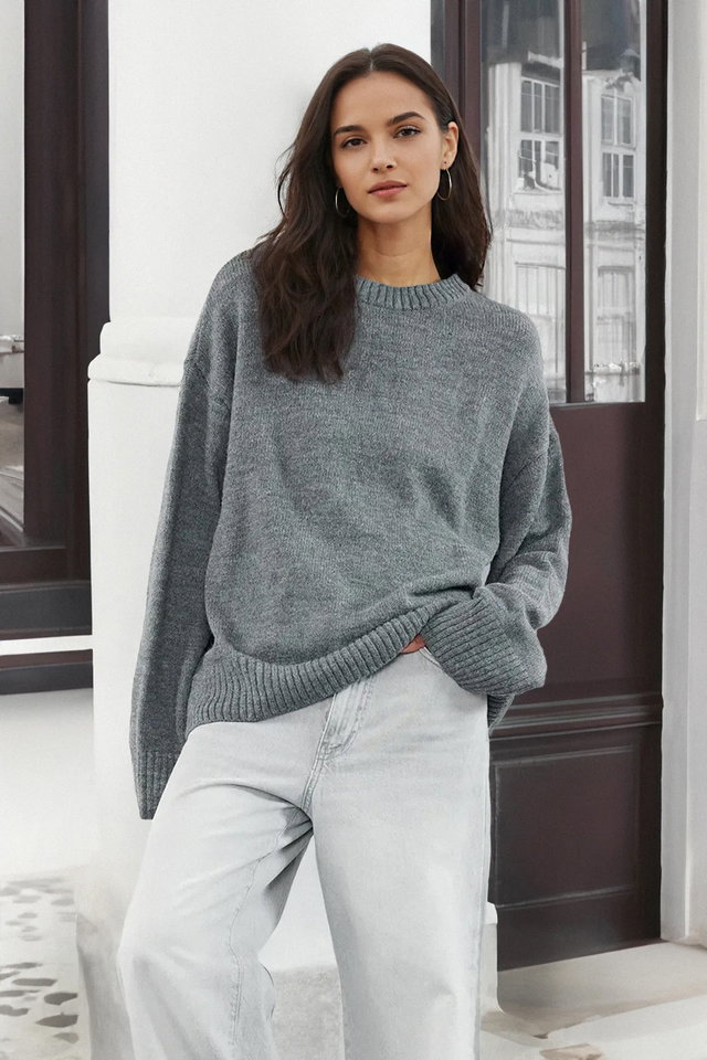 Anthracite - Pink Wide Pattern Crew Neck Knitwear Sweater TWOAW25KZ00168