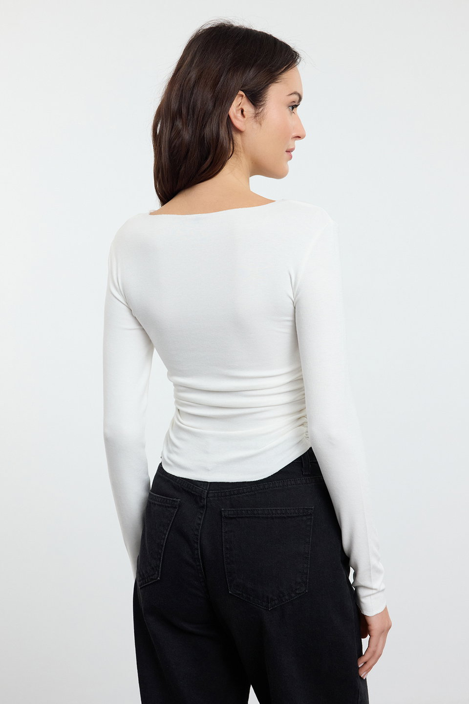 Viscose/Soft Fabric Fitted Gather/Drape Detail Boat Neck Flexible Knitted Blouse TWOAW25BZ00225