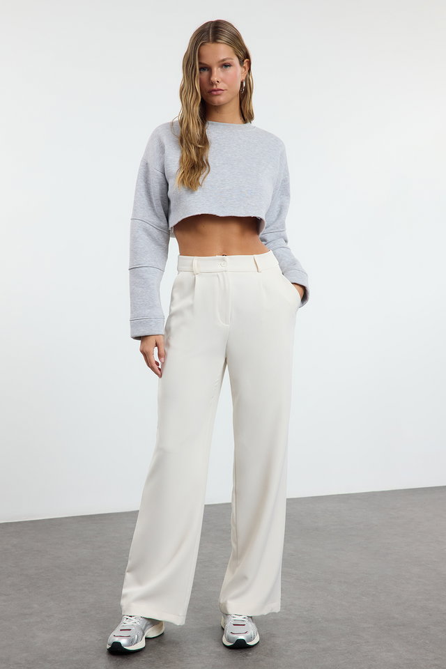 Ecru - Black High Waist Wide Leg Pleated Woven Fabric Trousers TWOAW21PL0076