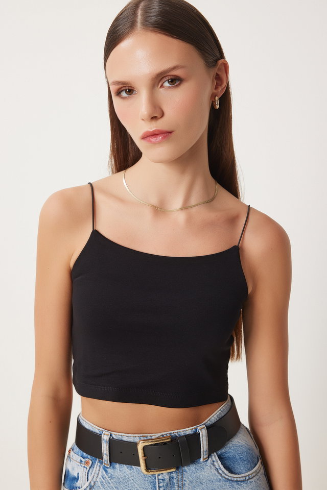 Black - Women's Black Knitted Bustier with Straps Lİ00001