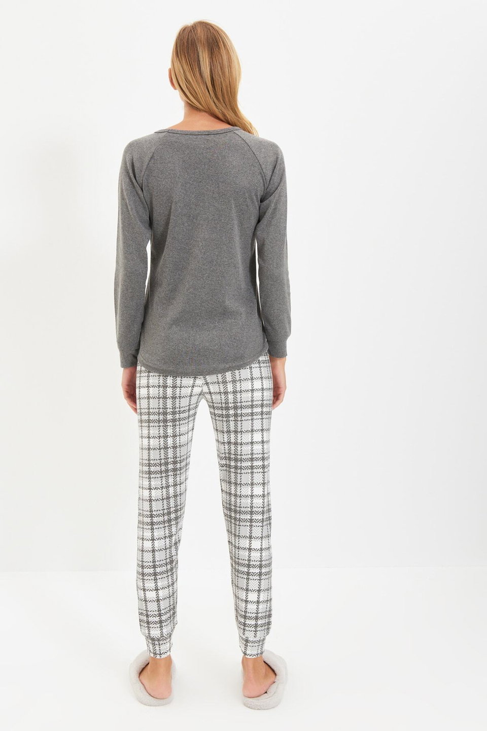 Soft Knitted Pajama Set with Smoked Bear and Penguin Print Plaid THMAW22PT0395
