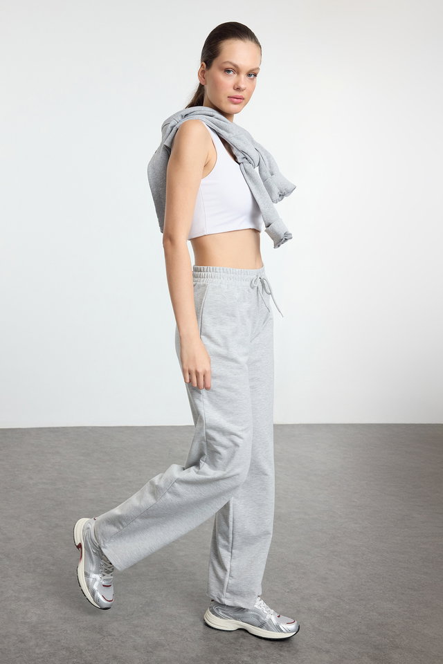 Gray melange - Black Cotton Wide Leg Thin Knitted Sports Sweatpants TWOAW22EA0053