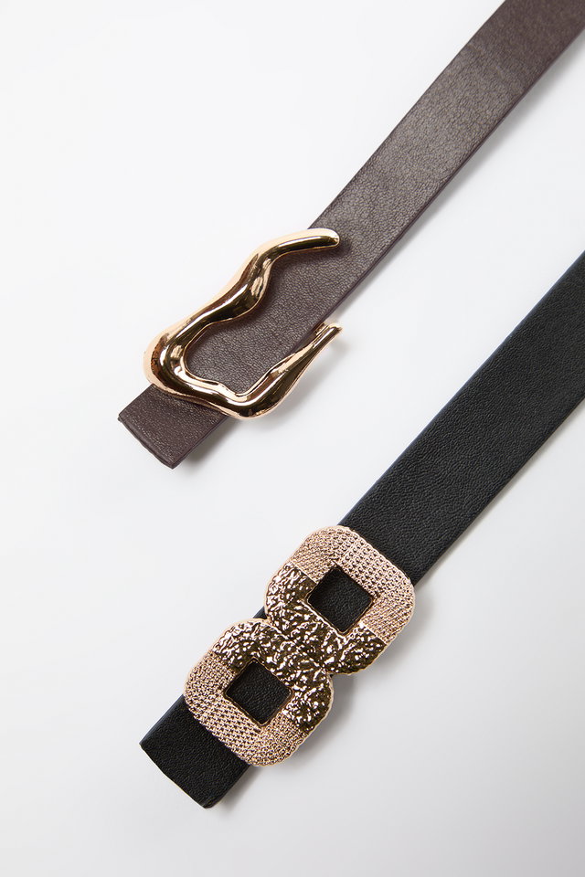 Black-Claret red - Black-Burgundy Buckled 2-Pack Leather Look Women's Belt TWOAW25KE00000