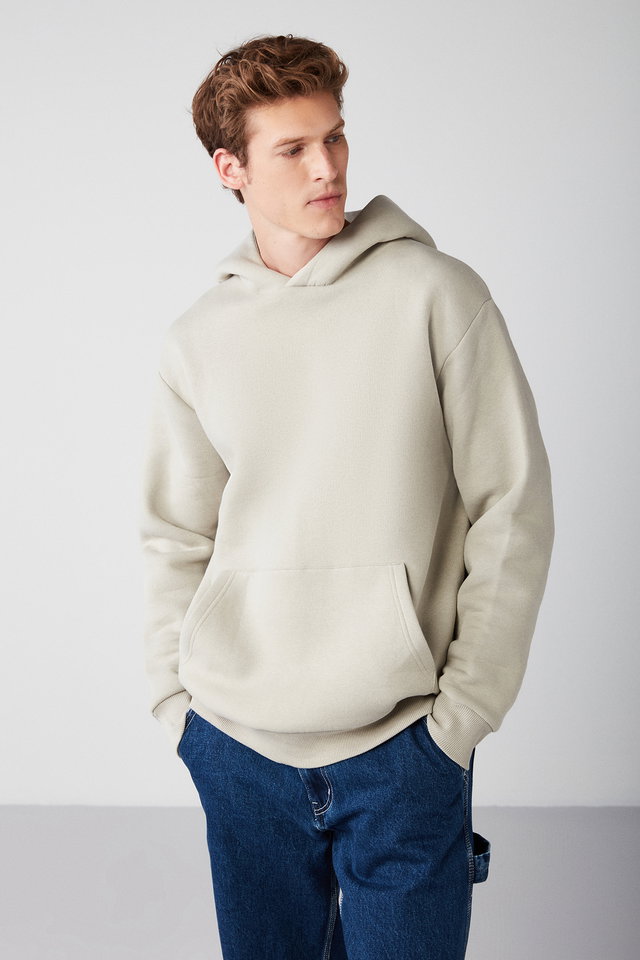 Stone Color - Mordred Men's Soft Fabric Knitted 3 Thread Oversize Hooded Kangaroo Pocket Black Sweatshirt