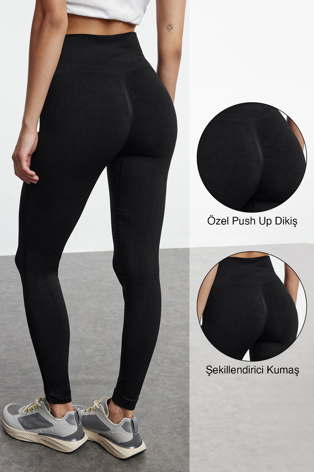 Black - Black Seamless Push Up Full Length Knitted Sports Tights THMAW25TY00003