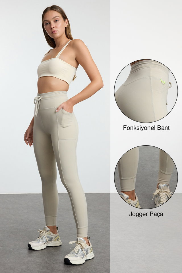 Stone - Stone Brushed Soft Fabric Pocket and Tie Detailed Full Length Knitted Sports Leggings THMAW25TY00014