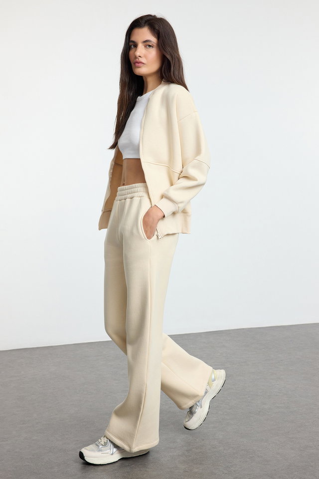 Stone - Stone Oversize/Wide Fit Zippered Thick Inside Fleece Knitted Tracksuit TWOAW25EM00001