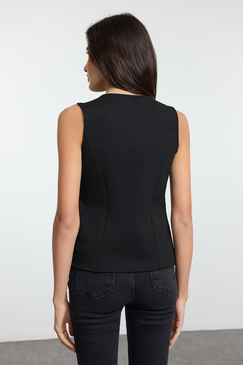 Plain Regular/Normal Length V Neck Buttoned Flexible Knitted Vest TWOAW25YE00091