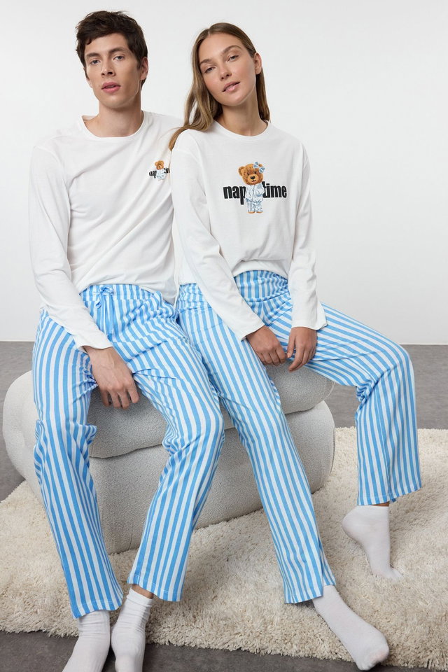 ecru - Navy Blue Regular Striped Couple/Double Knitted Pajama Set TMNAW25PT00049