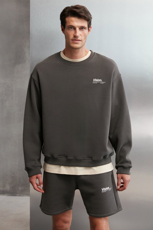 Grey - Ernest Men's Soft Fabric Oversize Fit Round Neck Printed Blue Sweatshirt