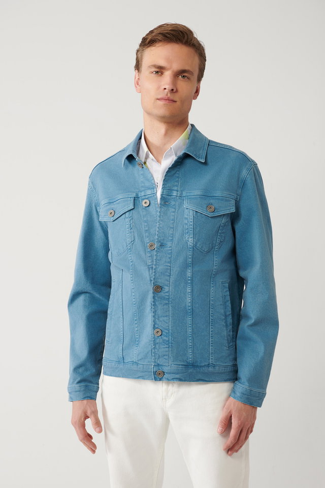 indigo - Men's grey classic collar garment dyed comfort fit denim jacket with pockets a41y6020