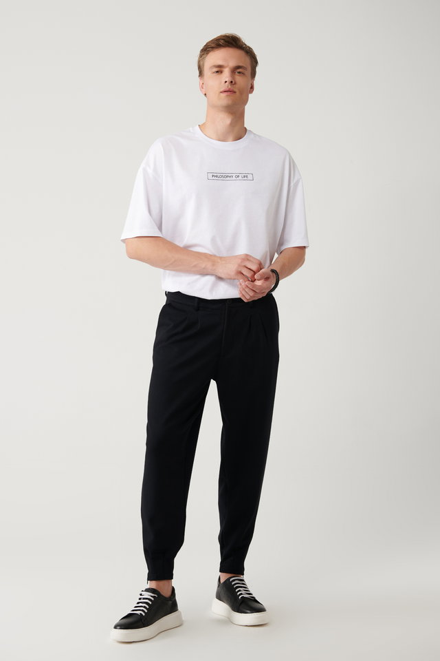 Black - Men's Black Classic Waist Pleated Baggy Fit Knitted Trousers A41Y3075