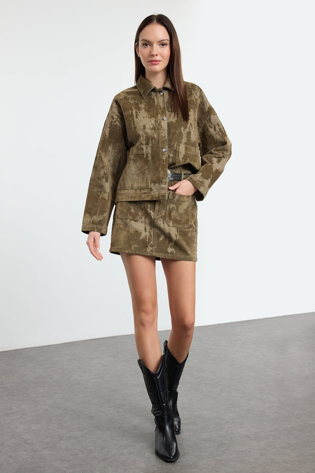 Khaki - Brown Suede Look Normal Waist Mini Denim Skirt TWOAW25ET00101