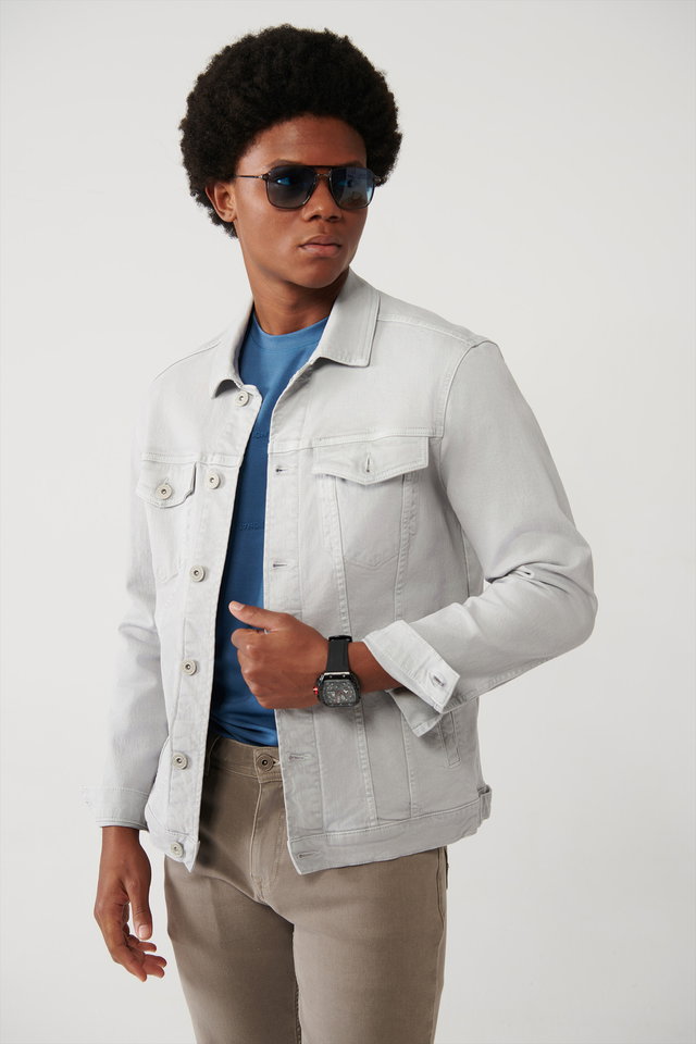 Grey - Men's grey classic collar garment dyed comfort fit denim jacket with pockets a41y6020