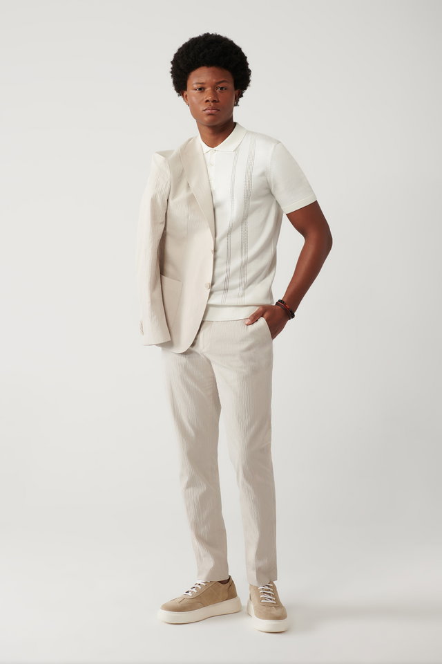Beige - Men's Beige Side Pocket Stretch Fabric Waffle Cotton Lightweight Relaxed Fit Trousers A41Y3202