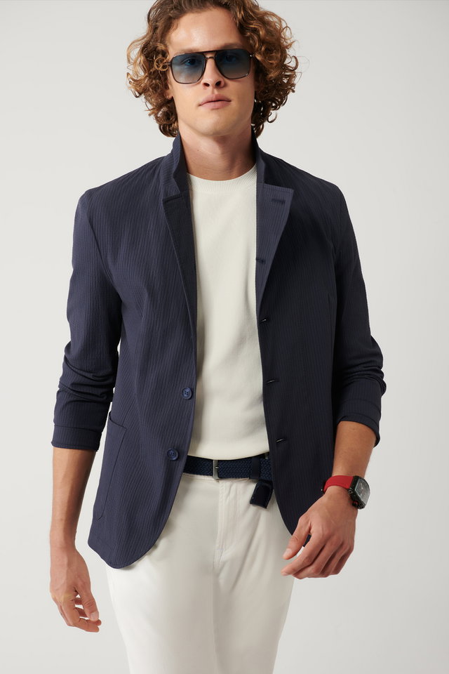 Navy blue - Men's Navy Blue Stand Collar Pocketed Unlined Lightweight Blazer Comfort Slim Fit Jacket A41Y4028