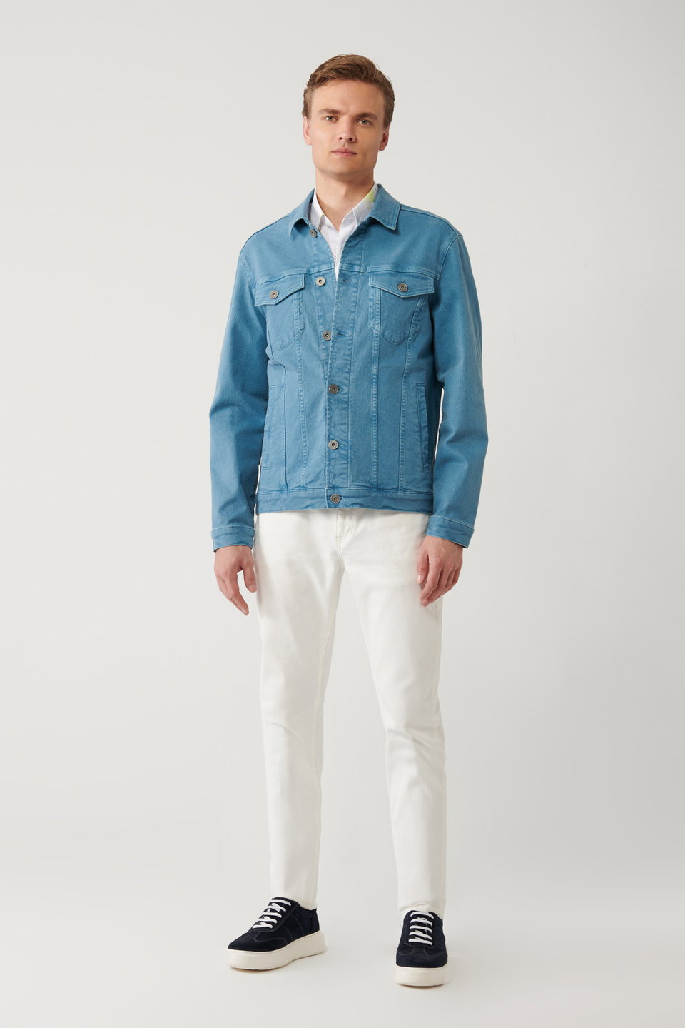 Men's classic collar garment dyed comfort fit denim jacket with pockets a41y6020