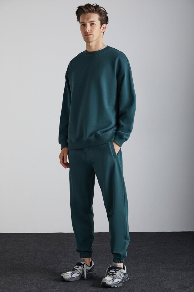 Green - Kyoto Men's Organic Cotton Fleece Lined Wide Leg Elastic Jogger Navy Blue Sweatpants