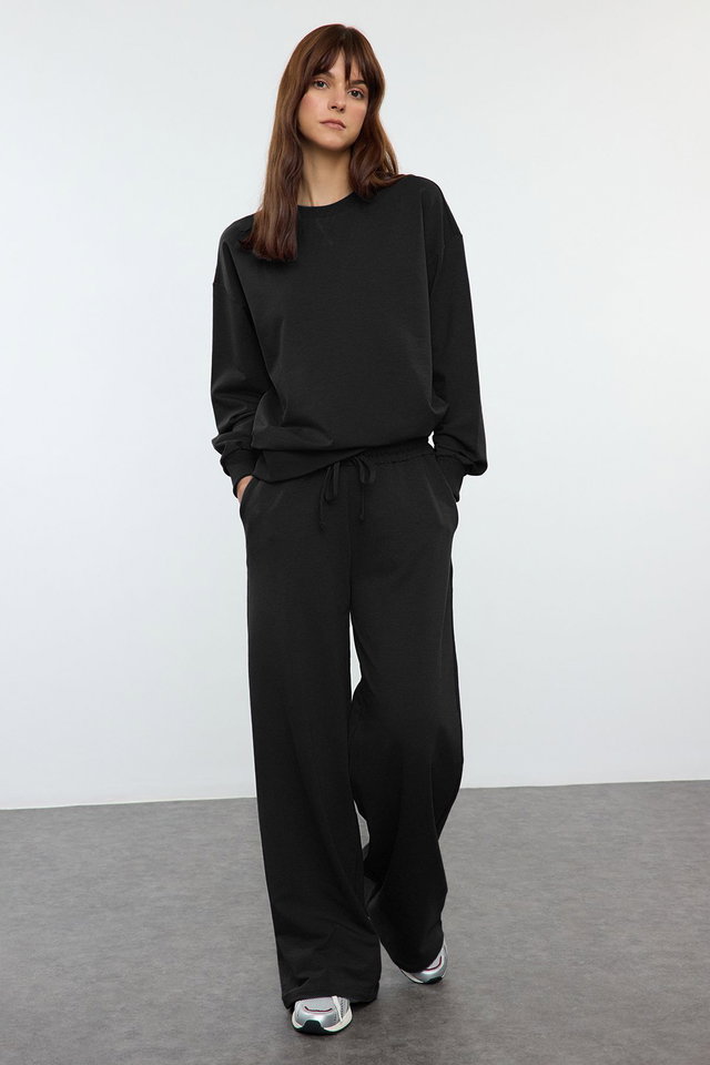 Black - Mink Relaxed/Comfortable Fit Wide Leg/Wide Leg Knitted Sweatshirt/Bottom Tracksuit Set TWOAW25EM00004
