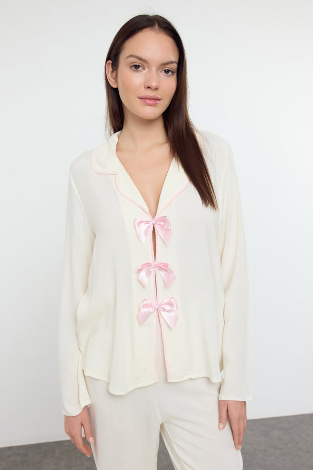 ecru - Black Ribbon/Bow and Piping Detailed Viscose Woven Pajama Set THMAW25PT00032