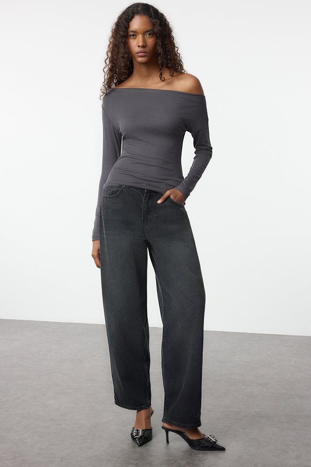 Anthracite - Black Plain Premium Soft Fabric Fitted/Fits the Body Boat Neck Knitted Blouse TWOAW24BZ00227