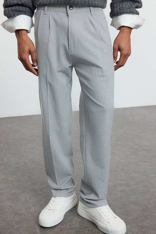 Grey - Black Pleated Classic Baggy Fit Fabric Trousers TMNSS24PL00024