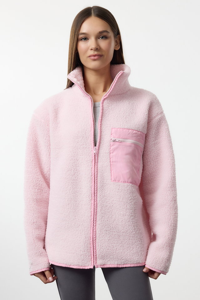 Light pink - Winter Essentials Gray Fleece Zipper Stand Collar Long Sleeve Pocket Detailed Knitted Sweatshirt TWOAW24SW00071