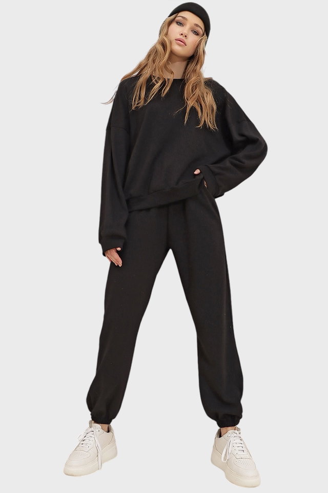 BLACK - Women's Black Crew Neck Two Thread Basic Tracksuit Set ALC-507-669-001