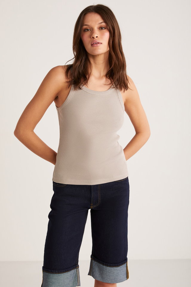 Mink - Emily Women's Regular Fit Regular Fit Cotton Thick Strap Hollow Collar Knitted Blue Tank Top