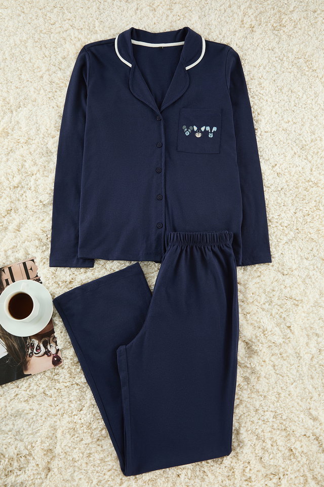 Navy blue - Gray Cotton Piping and Pocket Detailed Printed Knitted Pajama Set THMAW22PT0785