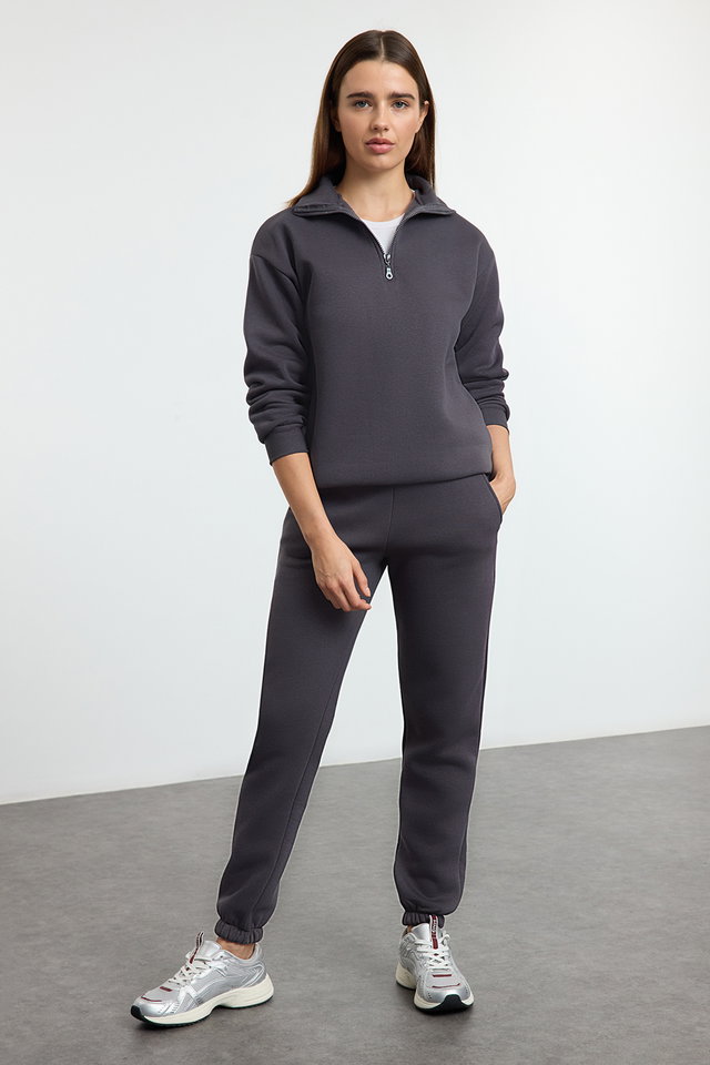 Anthracite - Anthracite Thick Polar Fleece Zippered Stand Collar Jogger Knitted Tracksuit TWOSS25EM00000