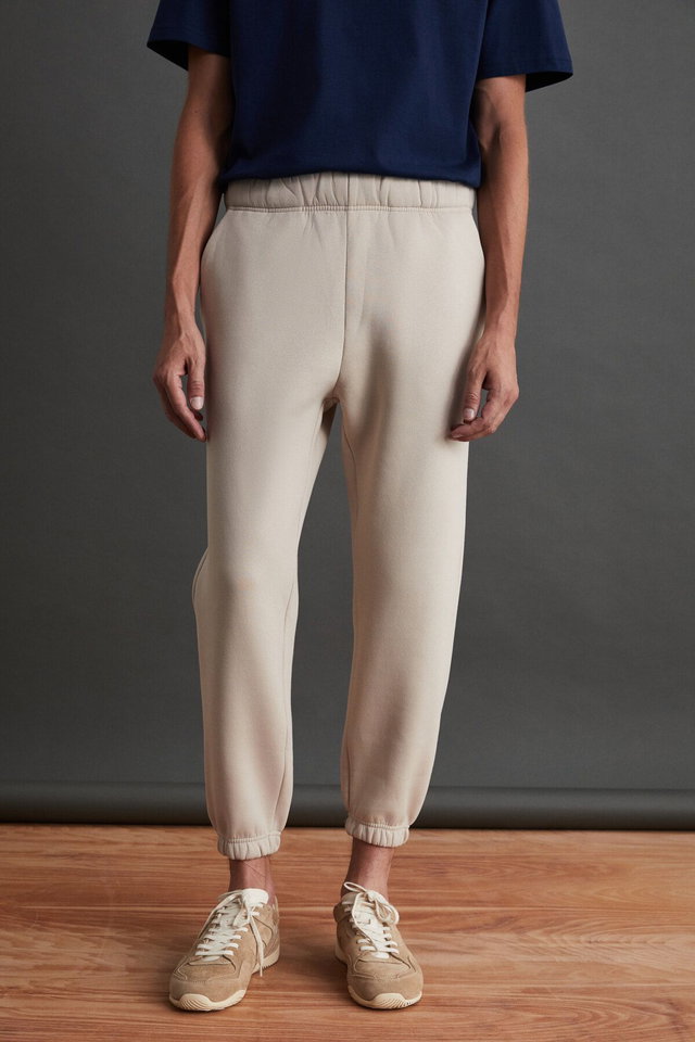 Beige - Inside Men's Regular Fit Soft Fabric Black Elastic Waist Sweatpants