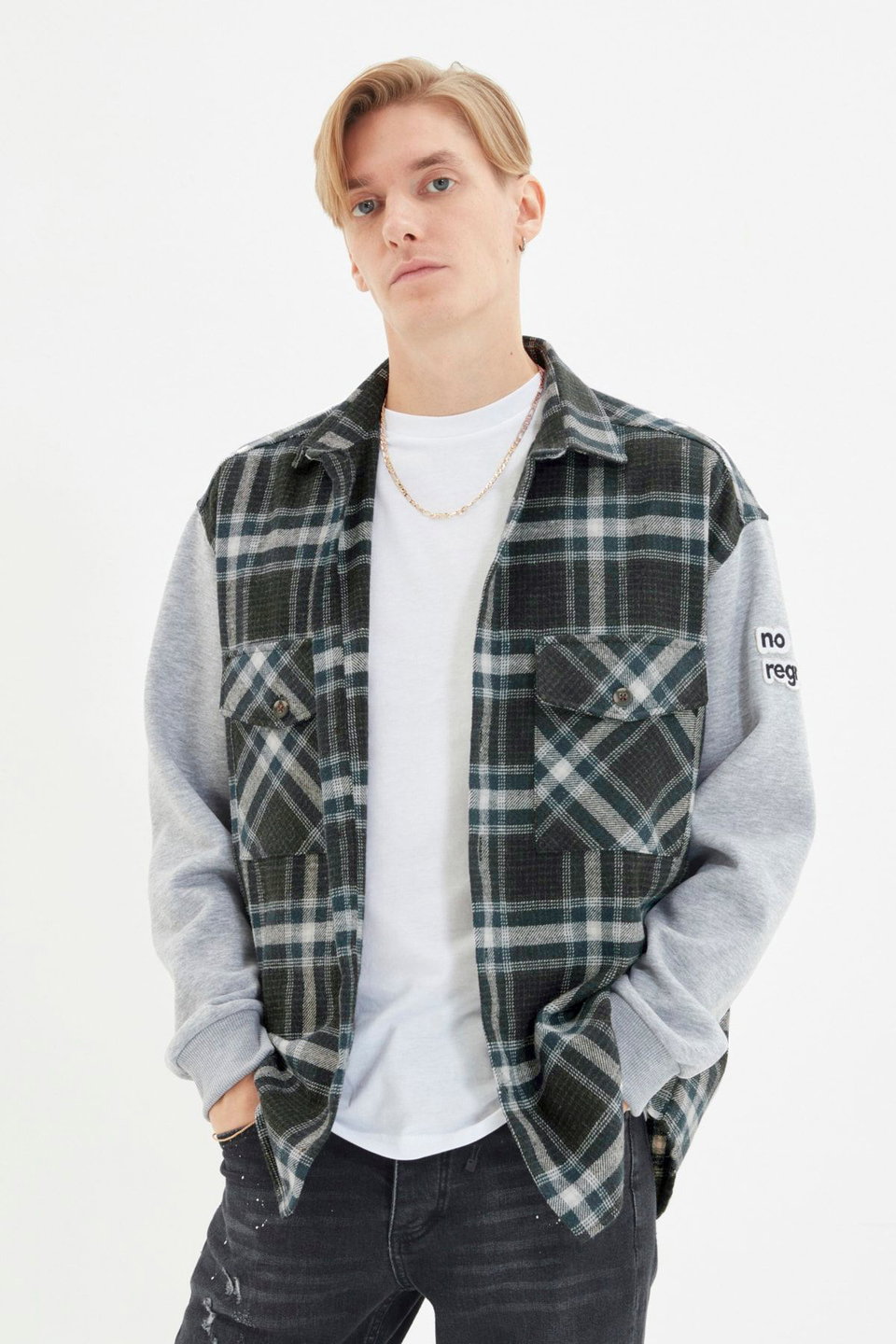 Oversize Knitted Sleeves Double Pocket Flap Winter Plaid Lumberjack Jacket Shirt TMNAW22GO0059