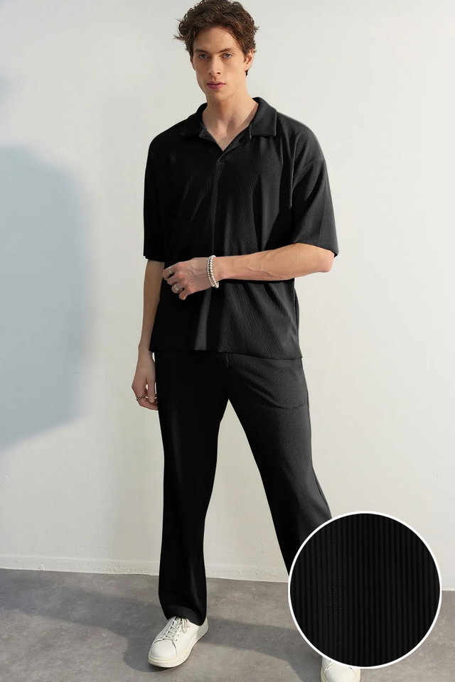 Black - Limited Edition Stone Straight Fit Textured Hidden Drawstring One Piece Sweatpants TMNSS23EA00013